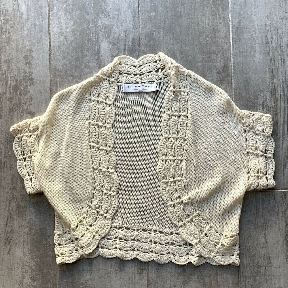 Trina Turk Los Angeles Ivory Knit Blouse Cardigan Sweater Open Front Crochet M - Picture 4 of 7